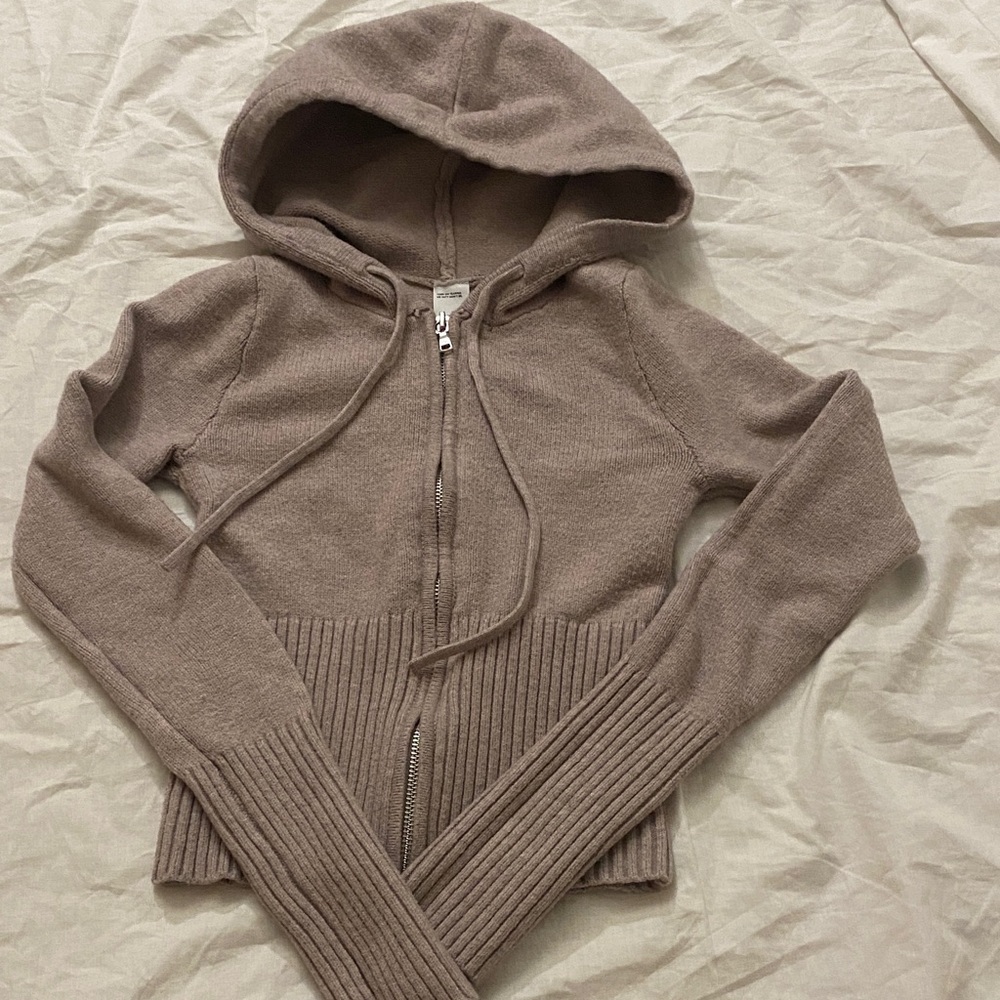 Hollister Taupe Hooded Zip-Up Knit Cardigan